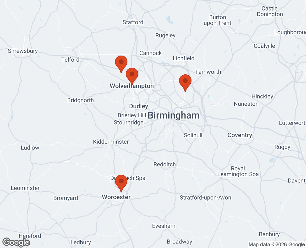 Map of the West Midlands with a pin for each place Ian's recent jobs were: Codsall, Staffordshire, Sutton Coldfield, Wolverhampton, Worcestershire