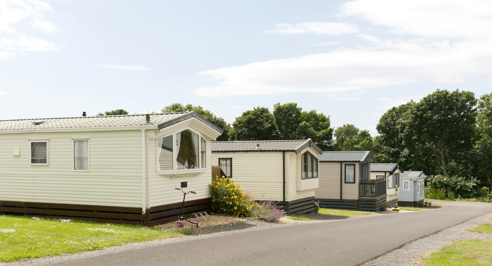 A row of cream static caravans along a road on a holiday park, with trees behind